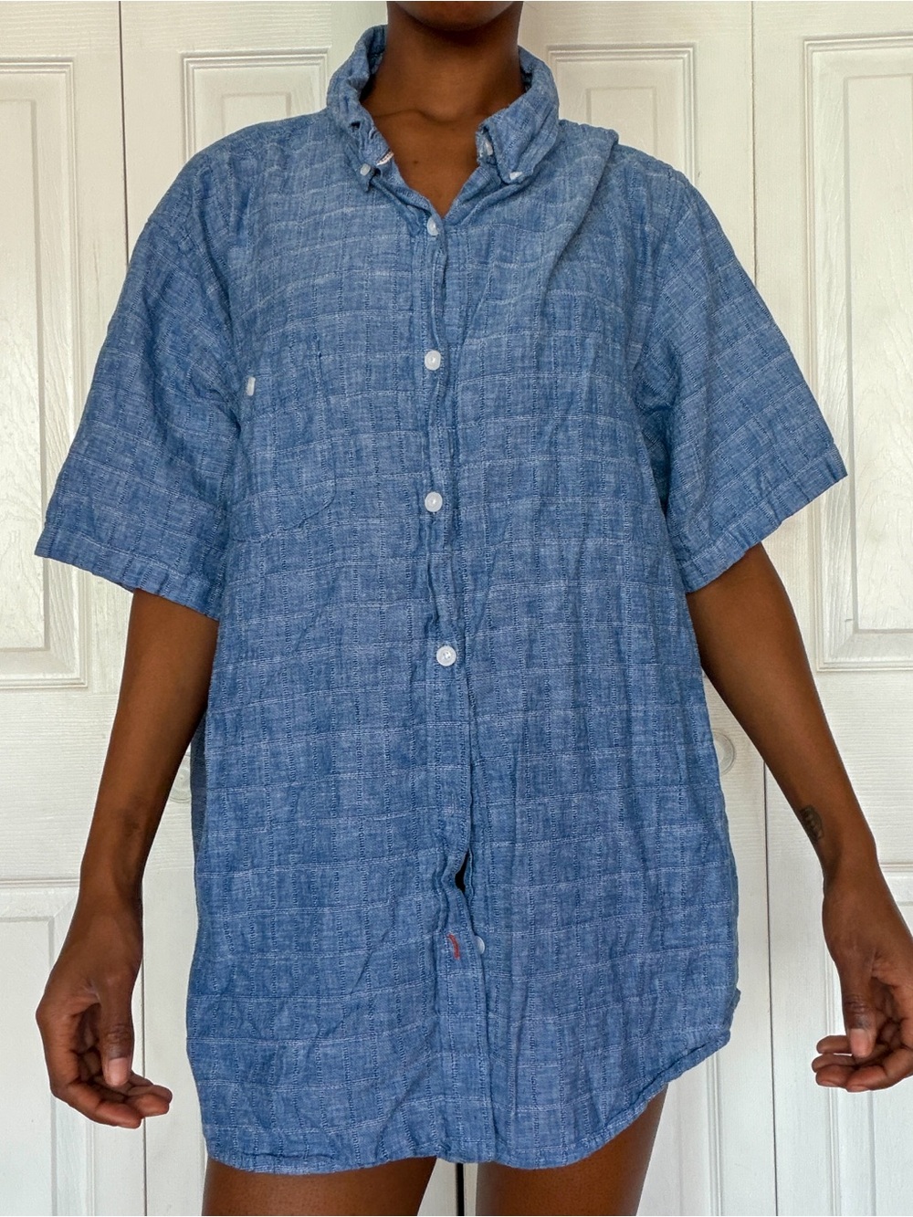Blue Short-Sleeve Button-Up Shirt - Casual Linen-Blend